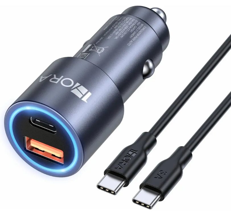 Cargador Para Auto 1Hora Rápido Con 2 Puertos Usb-c Y Usb-a De 38w, Cable 1m