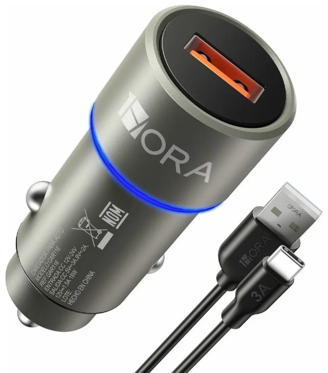 Cargador Para Auto 1Hora Usb-a Qc 3.0 De Auto Con Cable Carga Turbo 18w